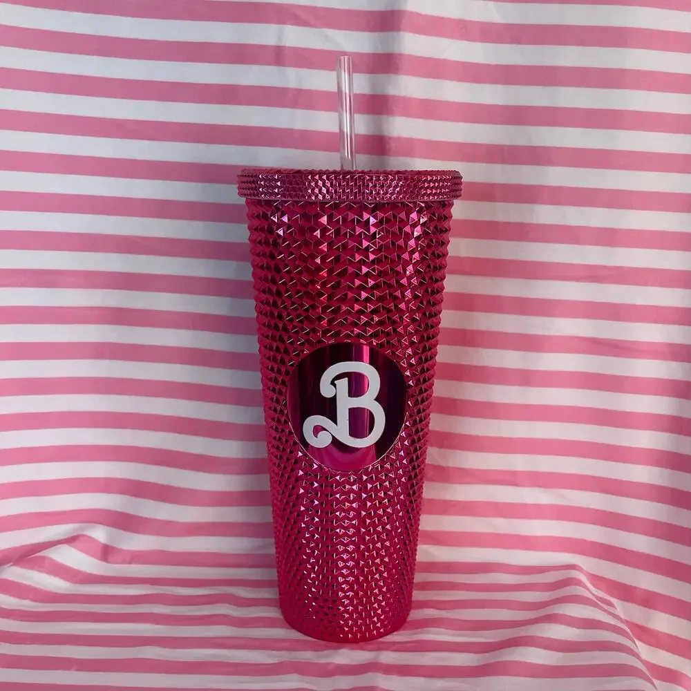 Barbie 24 oz studded hot pink tumbler metallic double wall insulated plastic NWO